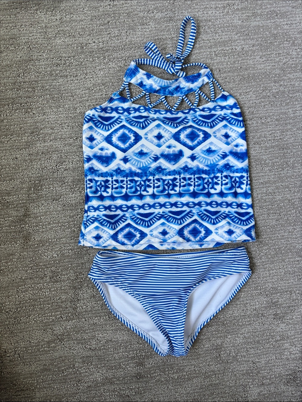Girls Jantzen Blue and White Patterned Tankini Bikini Set size 7